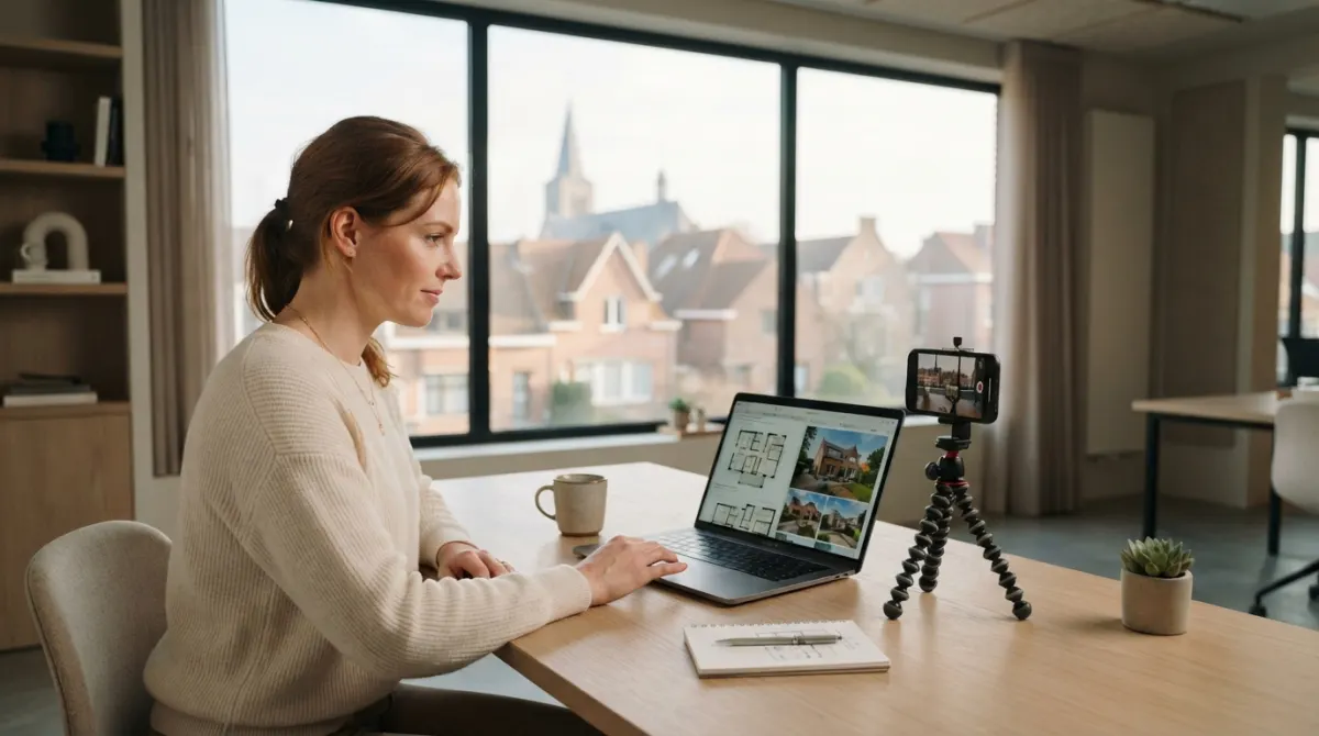 Vastgoedmakelaar aan een opgeruimd bureau die een pand bekijkt op een laptop, met een smartphone op een statief naast haar