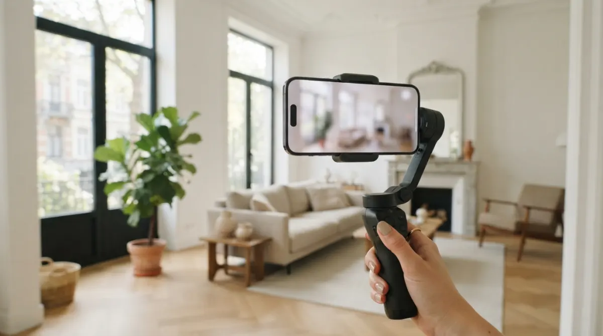 Smartphone on a gimbal filming a bright living room of a Belgian townhouse for a vertical social video