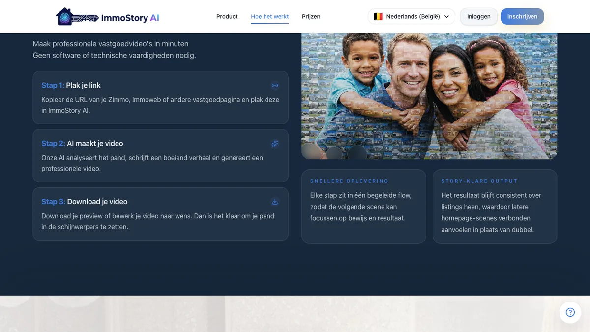 ImmoStory AI in three steps: paste a link, AI builds the video, download it