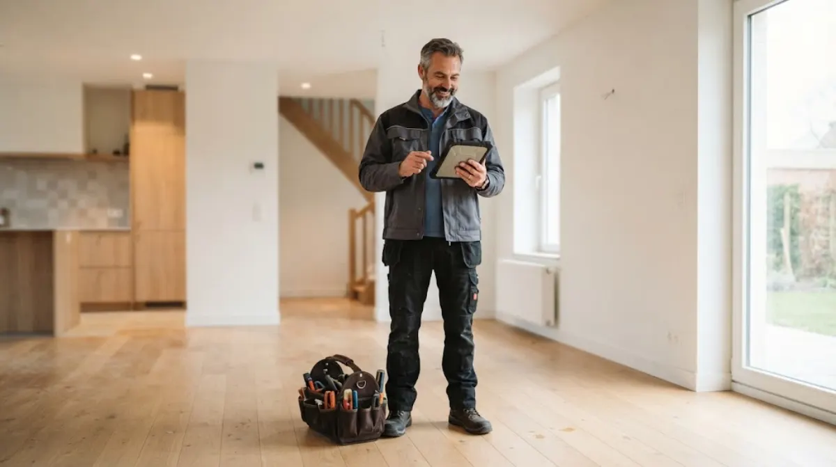Tradesperson in work clothes checking a job on a tablet in a bright renovated living room