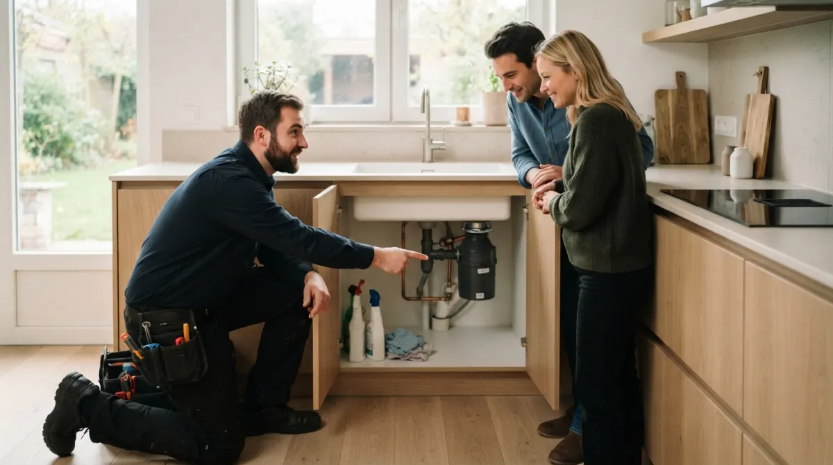 Plumber pointing at the pipes under a kitchen sink while a homeowner couple listens